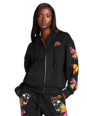I.AM.GIA Black Zip Hoodie with Multicolor Butterfly Sleeves